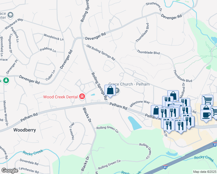map of restaurants, bars, coffee shops, grocery stores, and more near 1445 Boiling Springs Road in Greer