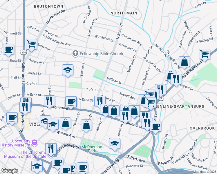 map of restaurants, bars, coffee shops, grocery stores, and more near 8301 North Main Street in Greenville