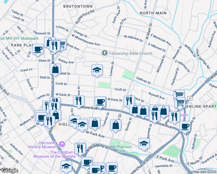 map of restaurants, bars, coffee shops, grocery stores, and more near 106 Croft Street in Greenville