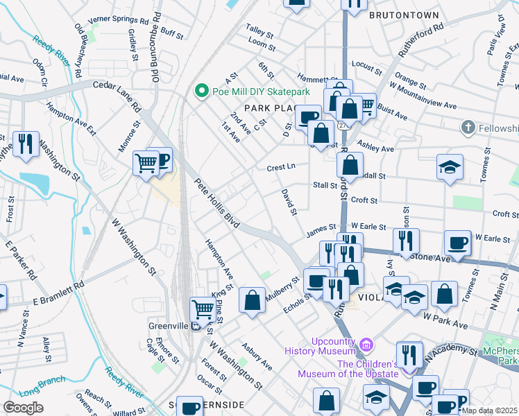 map of restaurants, bars, coffee shops, grocery stores, and more near 1215 Buncombe Road in Greenville