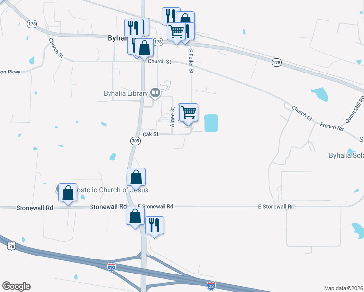 map of restaurants, bars, coffee shops, grocery stores, and more near 154 Oak Street in Byhalia