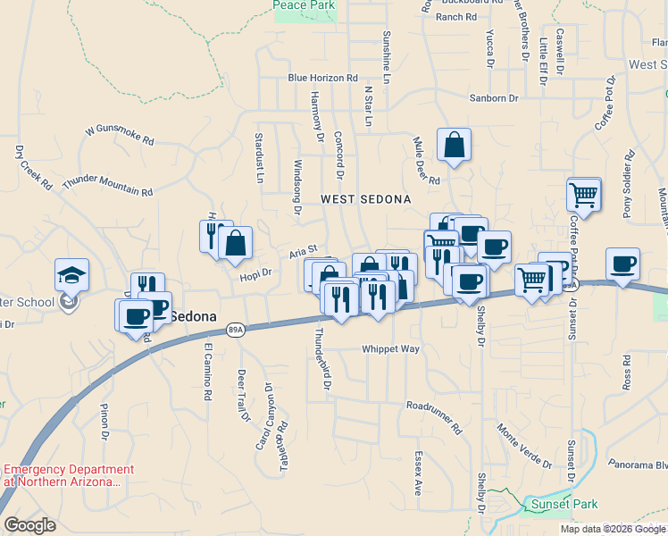 map of restaurants, bars, coffee shops, grocery stores, and more near 120 Harmony Drive in Sedona