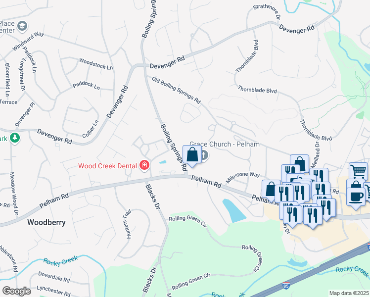 map of restaurants, bars, coffee shops, grocery stores, and more near 1445 Boiling Springs Road in Greer
