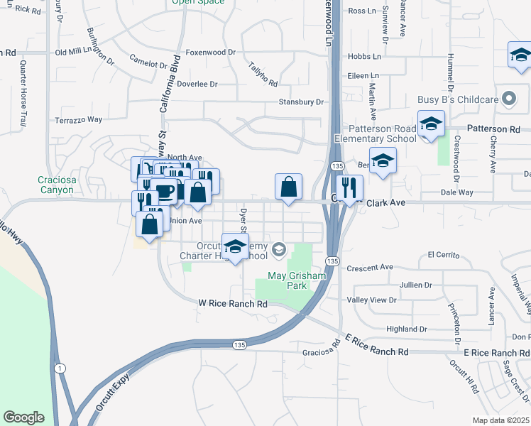 map of restaurants, bars, coffee shops, grocery stores, and more near 130 Twitchell Street in Orcutt
