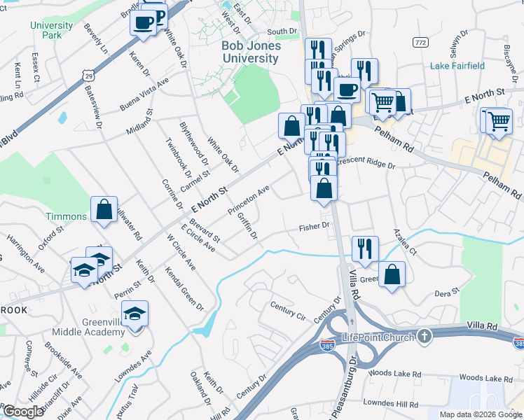 map of restaurants, bars, coffee shops, grocery stores, and more near 11 Columbia Circle in Greenville