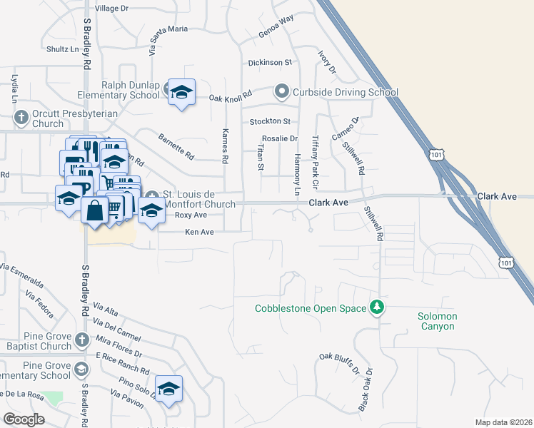map of restaurants, bars, coffee shops, grocery stores, and more near 1410 Oakridge Park Road in Santa Maria