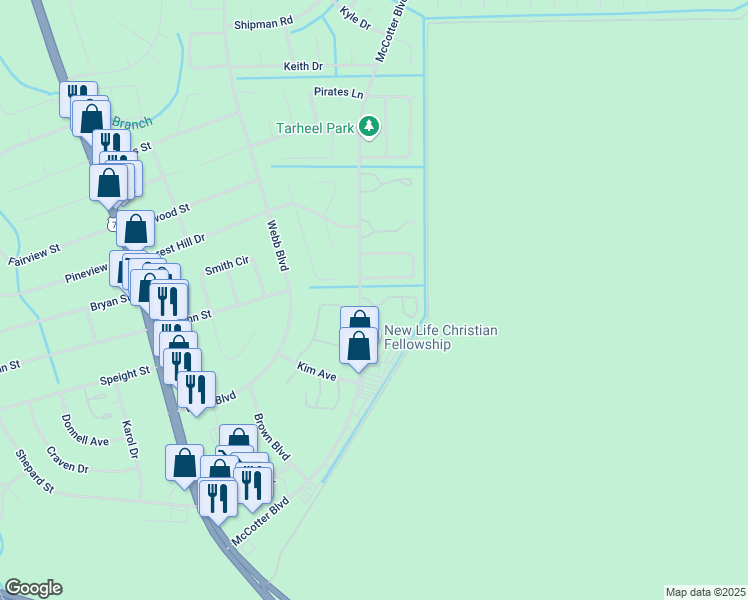map of restaurants, bars, coffee shops, grocery stores, and more near 105 Legacy Lane in Havelock