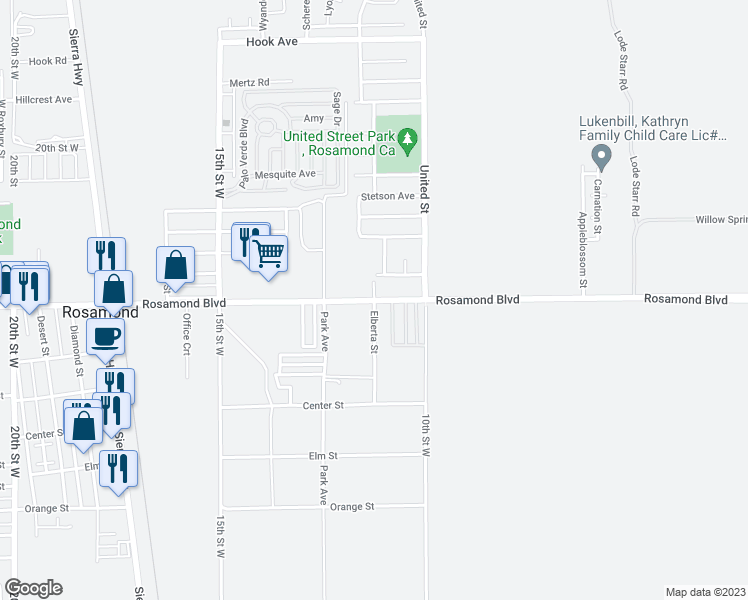 map of restaurants, bars, coffee shops, grocery stores, and more near Rosamond Boulevard & Elberta Street in Rosamond