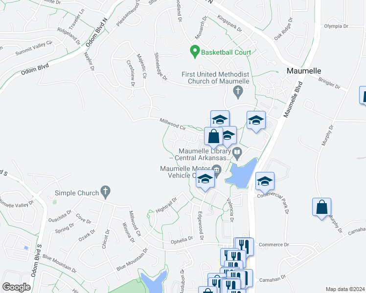 map of restaurants, bars, coffee shops, grocery stores, and more near 3 Idlewood Place in Maumelle