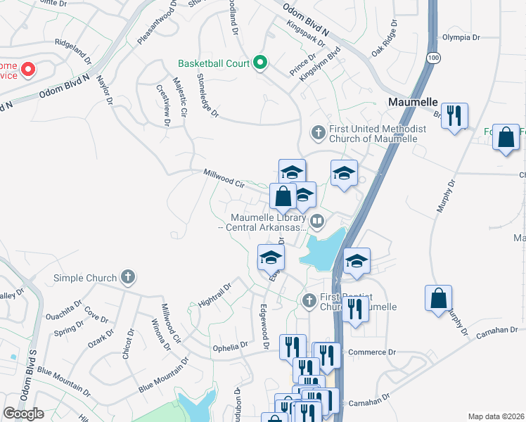 map of restaurants, bars, coffee shops, grocery stores, and more near 1300 Woodland Drive in Maumelle