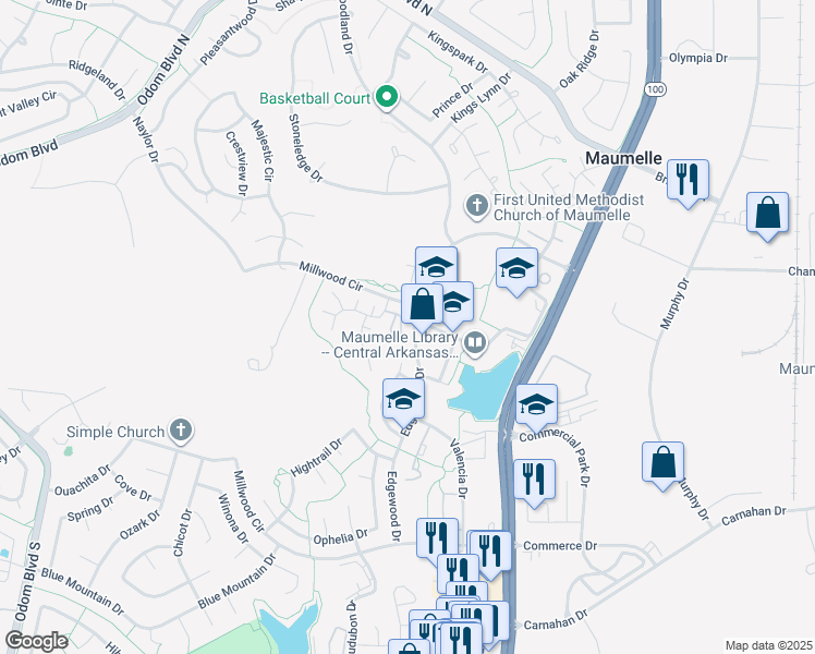 map of restaurants, bars, coffee shops, grocery stores, and more near 19 Edgehill Cove in Maumelle