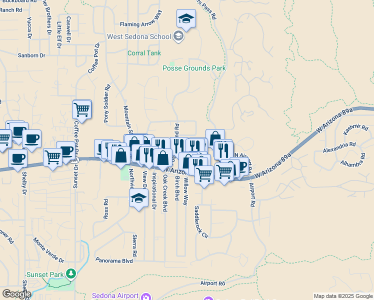 map of restaurants, bars, coffee shops, grocery stores, and more near 1426 Vista Montana Road in Sedona