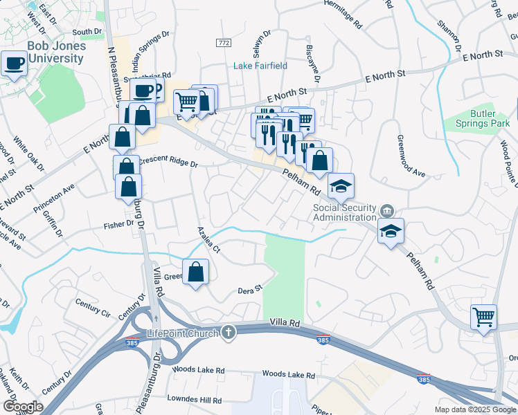 map of restaurants, bars, coffee shops, grocery stores, and more near 230 Pelham Road in Greenville