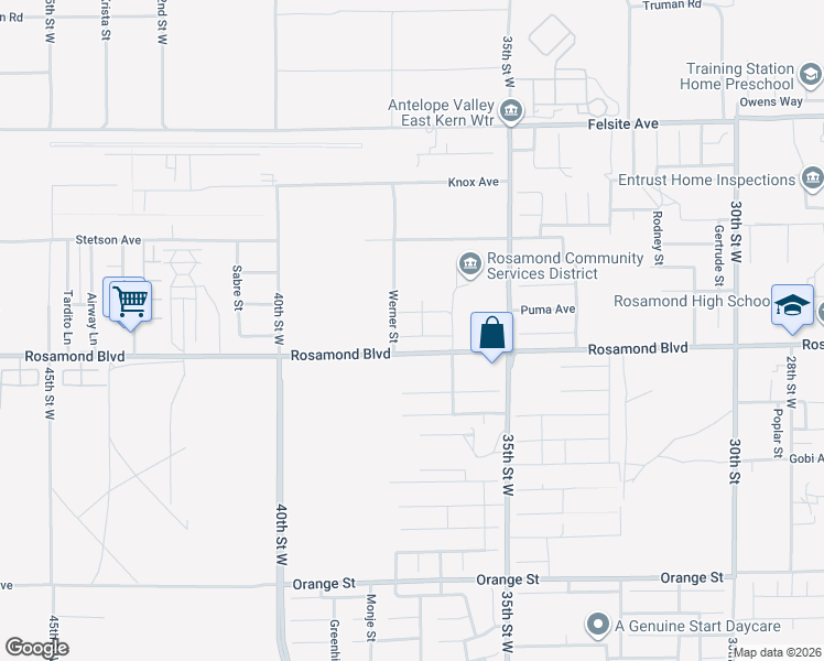 map of restaurants, bars, coffee shops, grocery stores, and more near 3707 Santa Ynez Court in Rosamond