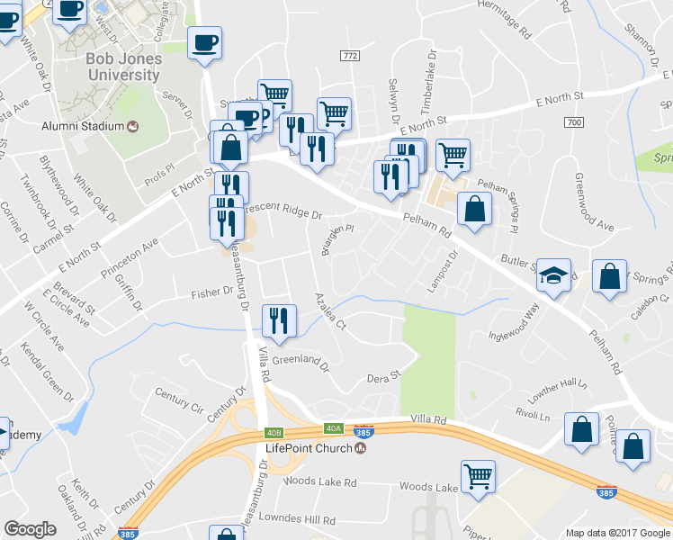 map of restaurants, bars, coffee shops, grocery stores, and more near 79 Briarview Circle in Greenville