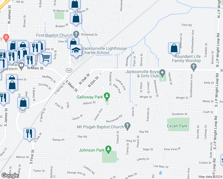 map of restaurants, bars, coffee shops, grocery stores, and more near 102 Pulaski Drive in Jacksonville