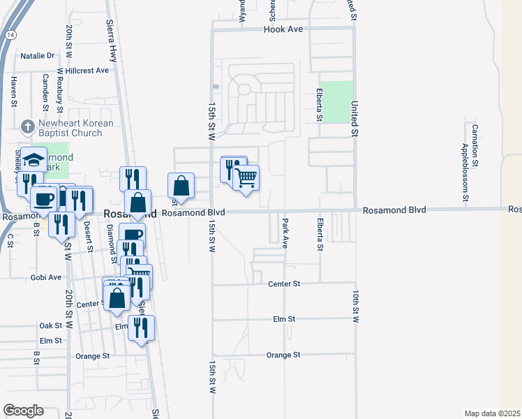 map of restaurants, bars, coffee shops, grocery stores, and more near 1264 West Rosamond Boulevard in Rosamond