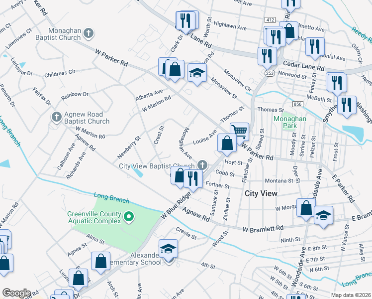 map of restaurants, bars, coffee shops, grocery stores, and more near 17 Monaghan Avenue in Greenville