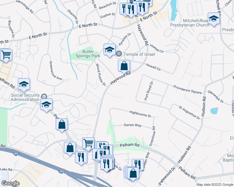 map of restaurants, bars, coffee shops, grocery stores, and more near 9 Hawthorne Park Court in Greenville
