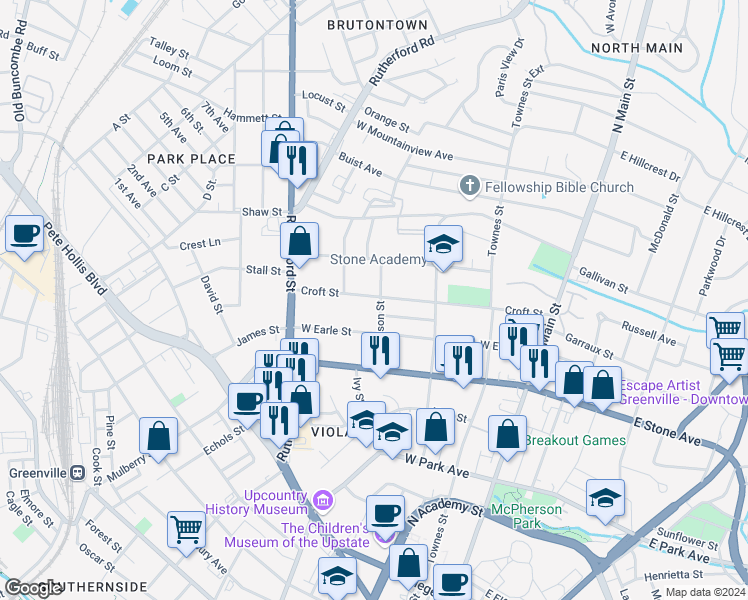 map of restaurants, bars, coffee shops, grocery stores, and more near 115 Robinson Street in Greenville