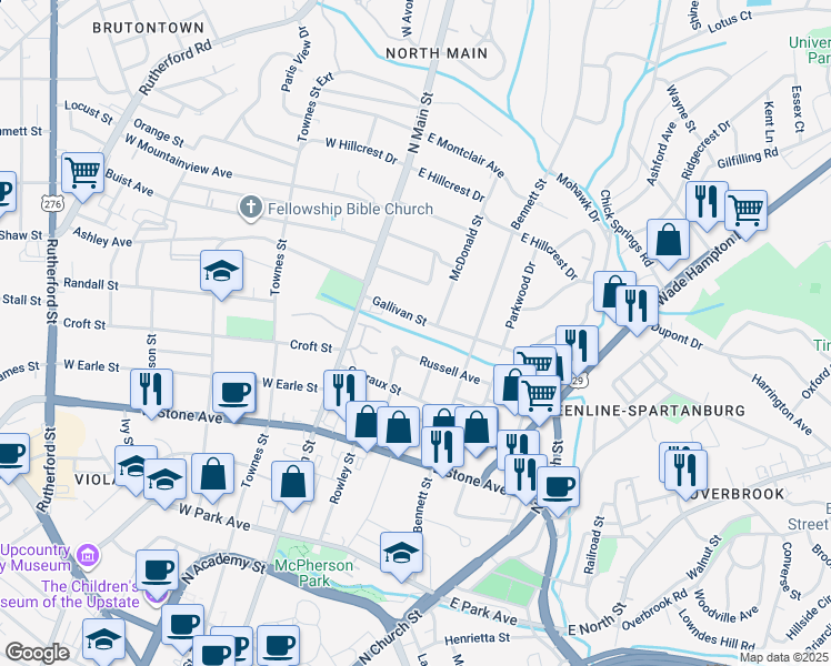 map of restaurants, bars, coffee shops, grocery stores, and more near 28 A Gallivan Street in Greenville