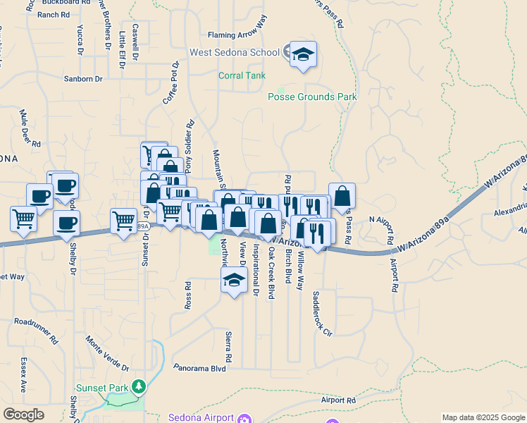 map of restaurants, bars, coffee shops, grocery stores, and more near 90 Santa Barbara Drive in Sedona