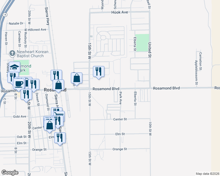 map of restaurants, bars, coffee shops, grocery stores, and more near 1264 West Rosamond Boulevard in Rosamond