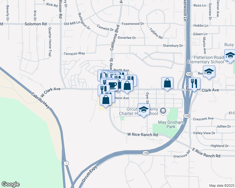 map of restaurants, bars, coffee shops, grocery stores, and more near 156 Broadway Street in Orcutt