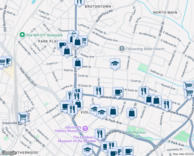 map of restaurants, bars, coffee shops, grocery stores, and more near 115 Robinson Street in Greenville