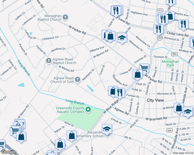 map of restaurants, bars, coffee shops, grocery stores, and more near 112 Crane Avenue in Greenville