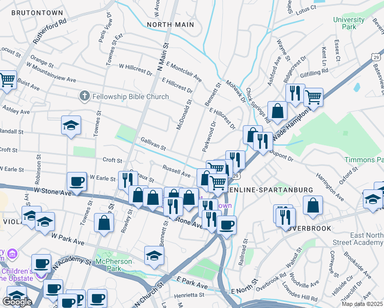 map of restaurants, bars, coffee shops, grocery stores, and more near 700 Bennett Street in Greenville