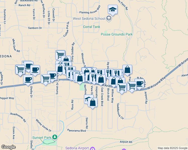 map of restaurants, bars, coffee shops, grocery stores, and more near 90 Santa Barbara Drive in Sedona