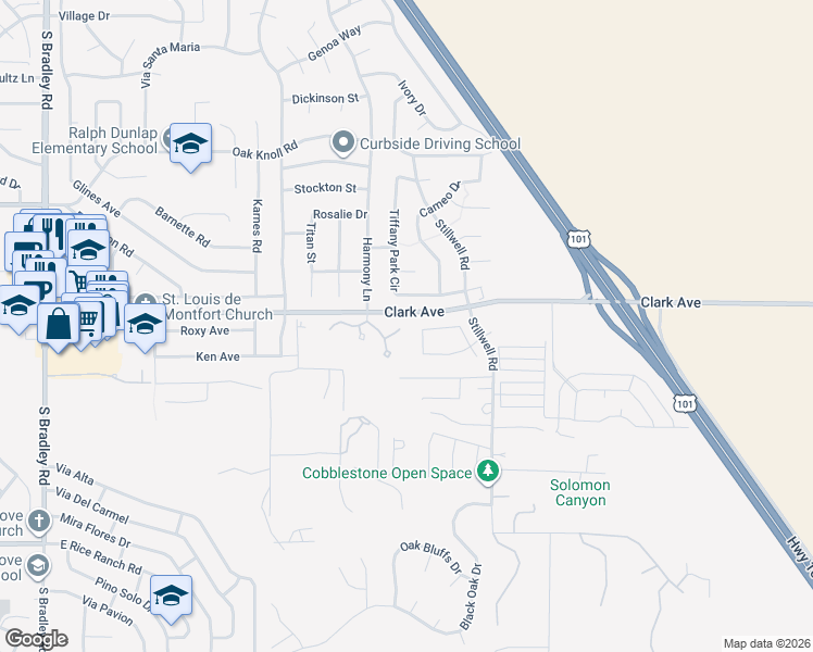 map of restaurants, bars, coffee shops, grocery stores, and more near 1486 Oakridge Park Road in Santa Maria