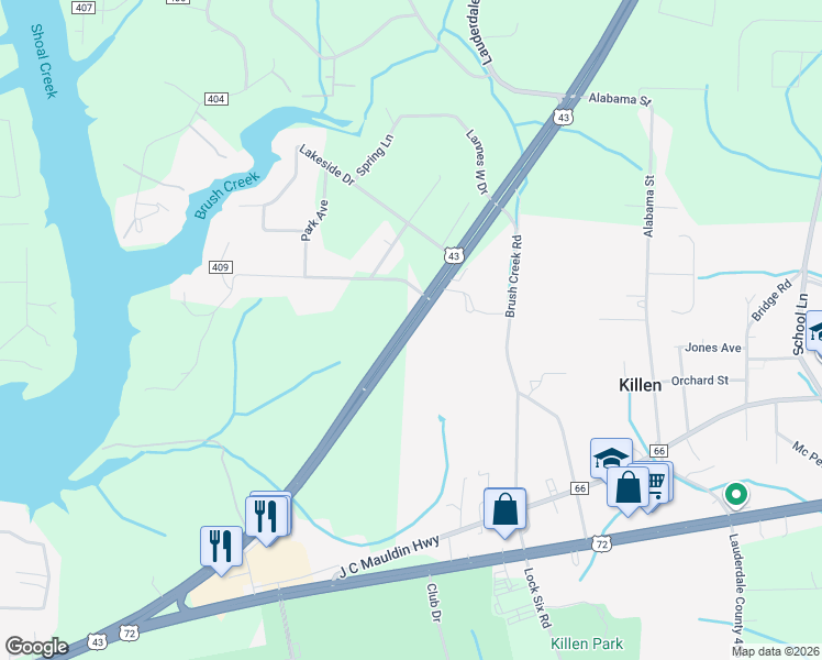 map of restaurants, bars, coffee shops, grocery stores, and more near Alabama 13 in Killen