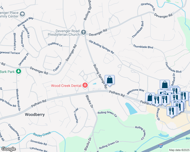 map of restaurants, bars, coffee shops, grocery stores, and more near 203 Braelock Drive in Greer