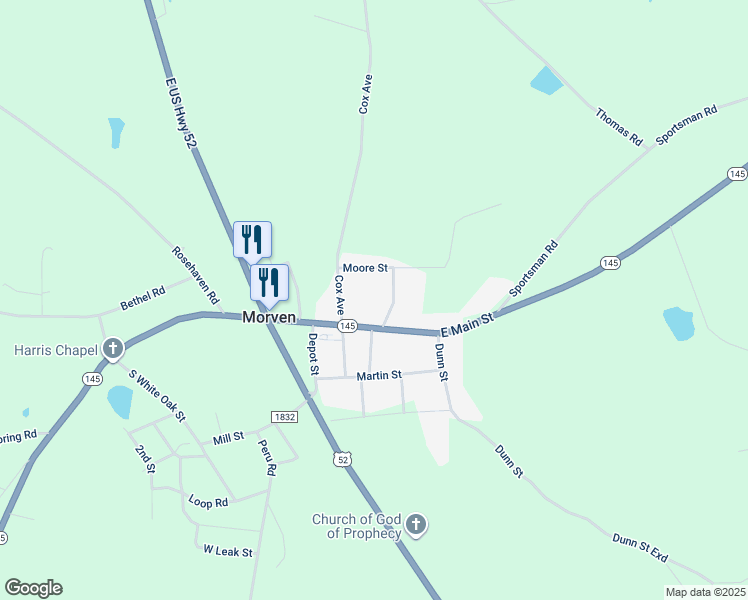 map of restaurants, bars, coffee shops, grocery stores, and more near 117 North Church Street in Morven