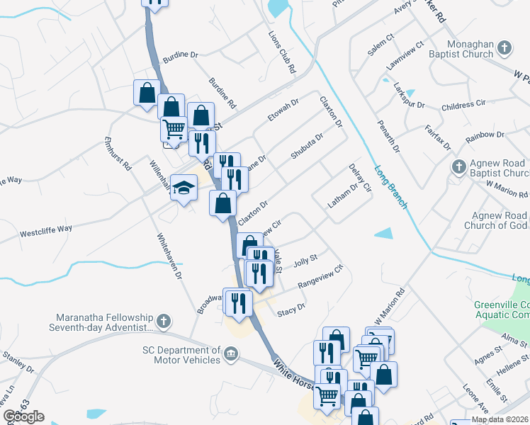 map of restaurants, bars, coffee shops, grocery stores, and more near 14 Claxton Drive in Greenville