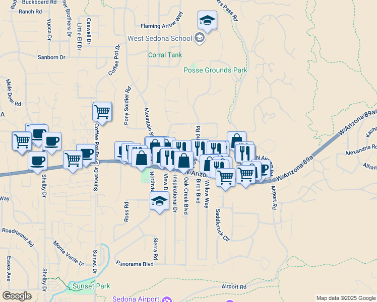 map of restaurants, bars, coffee shops, grocery stores, and more near 75 Posse Ground Road in Sedona