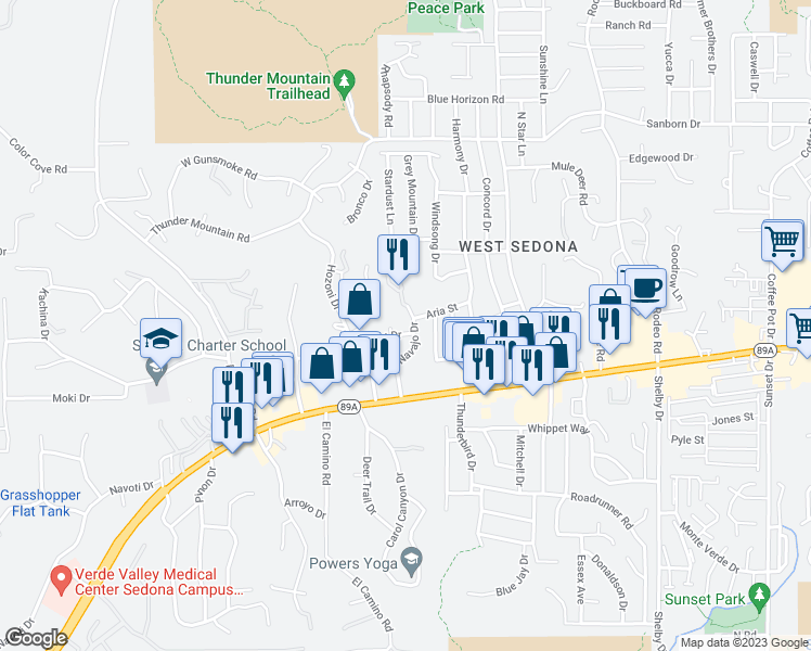map of restaurants, bars, coffee shops, grocery stores, and more near 2810 Hopi Drive in Sedona