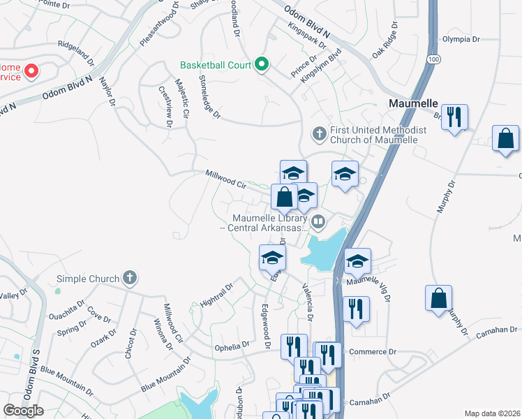 map of restaurants, bars, coffee shops, grocery stores, and more near 47 Edgehill Cove in Maumelle