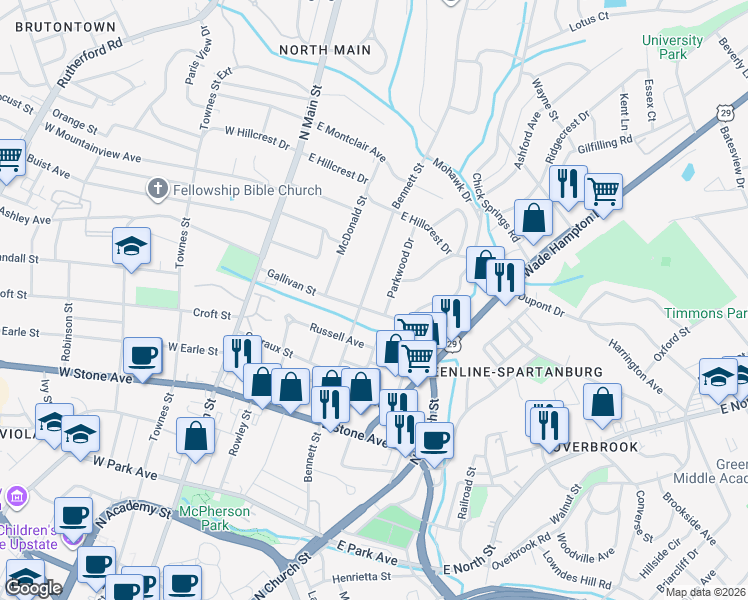 map of restaurants, bars, coffee shops, grocery stores, and more near 706 Bennett Street in Greenville