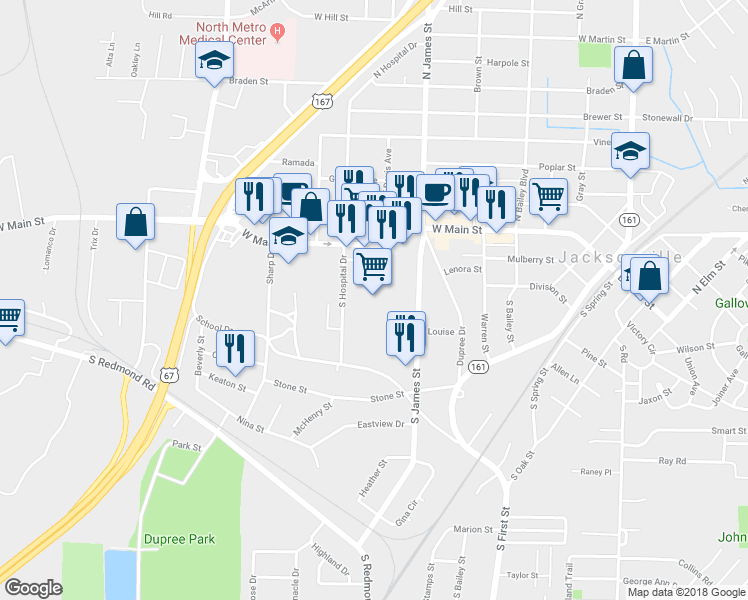 map of restaurants, bars, coffee shops, grocery stores, and more near 315 South James Street in Jacksonville