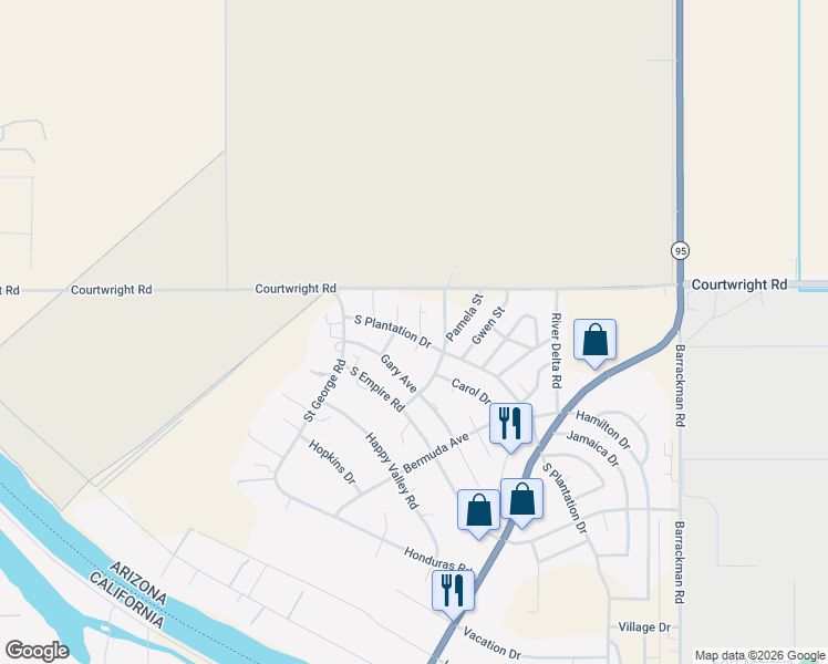 map of restaurants, bars, coffee shops, grocery stores, and more near 10066 Plantation Drive in Mohave Valley