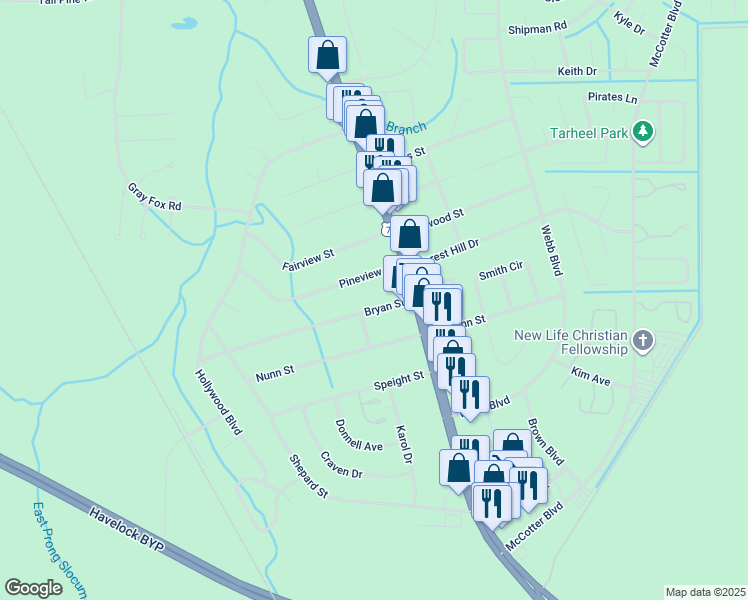 map of restaurants, bars, coffee shops, grocery stores, and more near 108 Bryan St in Havelock