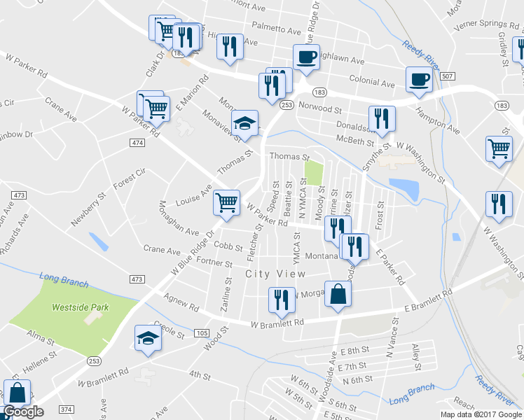 map of restaurants, bars, coffee shops, grocery stores, and more near 803 West Parker Road in Greenville