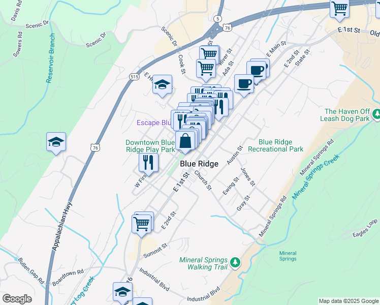 map of restaurants, bars, coffee shops, grocery stores, and more near 781 East Main Street in Blue Ridge