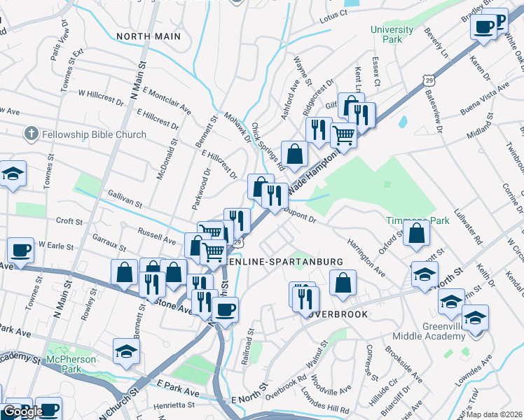 map of restaurants, bars, coffee shops, grocery stores, and more near 319 Wade Hampton Boulevard in Greenville