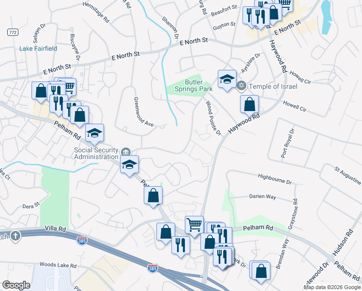 map of restaurants, bars, coffee shops, grocery stores, and more near 203 Butler Springs Road in Greenville