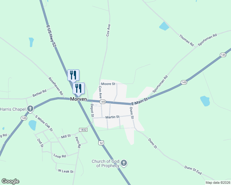map of restaurants, bars, coffee shops, grocery stores, and more near 117 North Church Street in Morven
