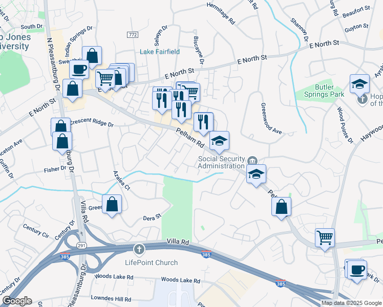 map of restaurants, bars, coffee shops, grocery stores, and more near 10 Lampost Drive in Greenville